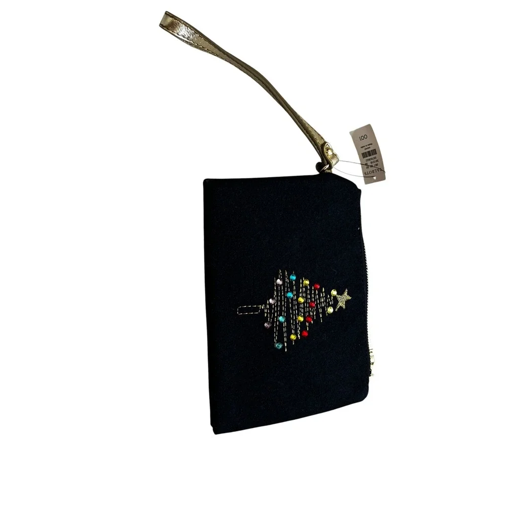 Talbots Wristlet One Size Navy Christmas Tree Embroidered Holiday Clutch NWT